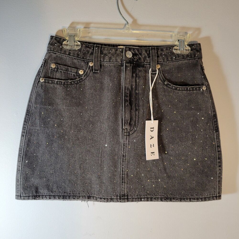 Daze Denim Mini Skirt Women's Black Denim Crystal Stud Embellishment Size 26 NWT
